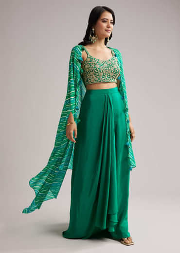 Green Zardosi Cape Set With Crop Top And Skirt