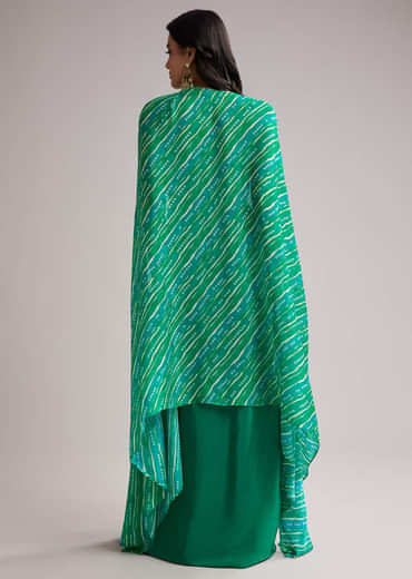 Green Zardosi Cape Set With Crop Top And Skirt