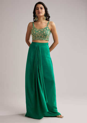 Green Zardosi Cape Set With Crop Top And Skirt