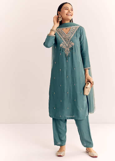 Green Zardosi Work Dola Silk Kurta Set With Dupatta