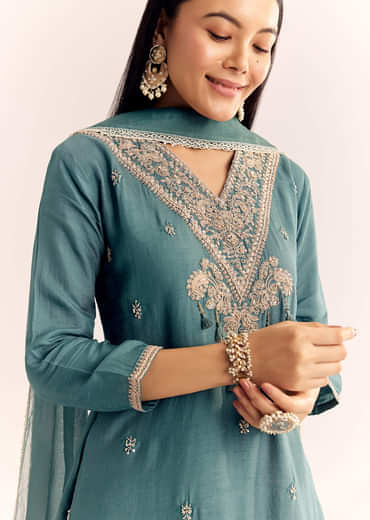 Green Zardosi Work Dola Silk Kurta Set With Dupatta