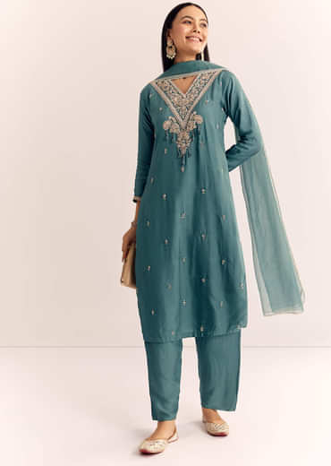 Green Zardosi Work Dola Silk Kurta Set With Dupatta