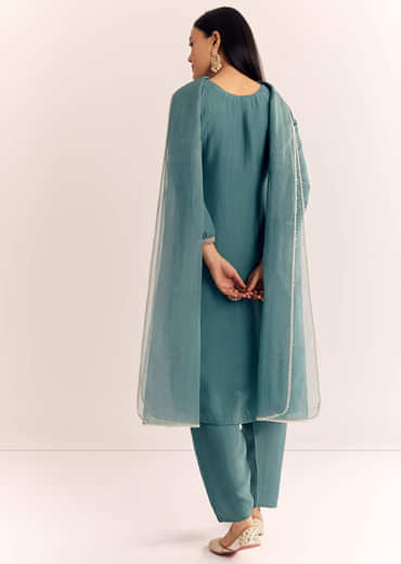 Green Zardosi Work Dola Silk Kurta Set With Dupatta