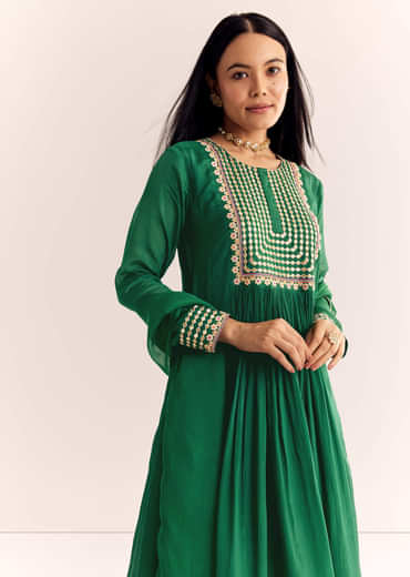 Green Zari Neckline Chinon Anarkali Suit With Dupatta
