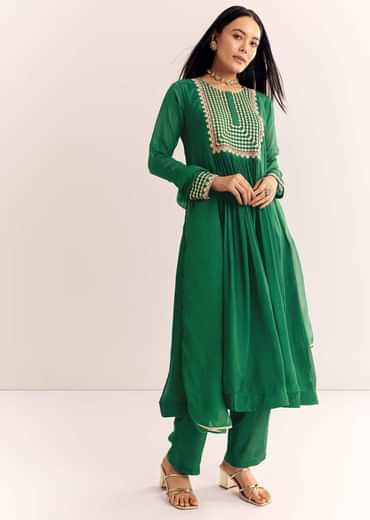Green Zari Neckline Chinon Anarkali Suit With Dupatta