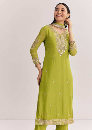 Green Zari Work Kurta Set With Chiffon Dupatta