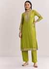 Green Zari Work Kurta Set With Chiffon Dupatta