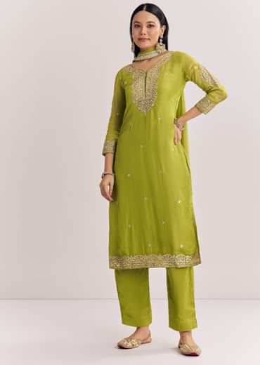 Green Zari Work Kurta Set With Chiffon Dupatta