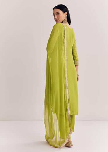 Green Zari Work Kurta Set With Chiffon Dupatta