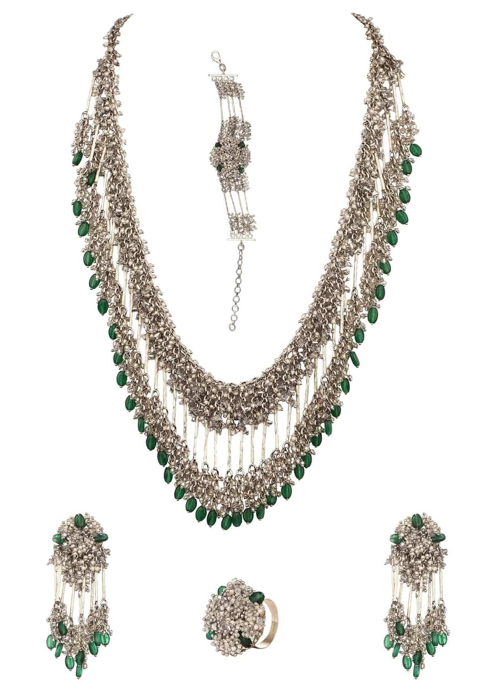 Green And Silver Handcrafted Necklace Set In Mix Metal