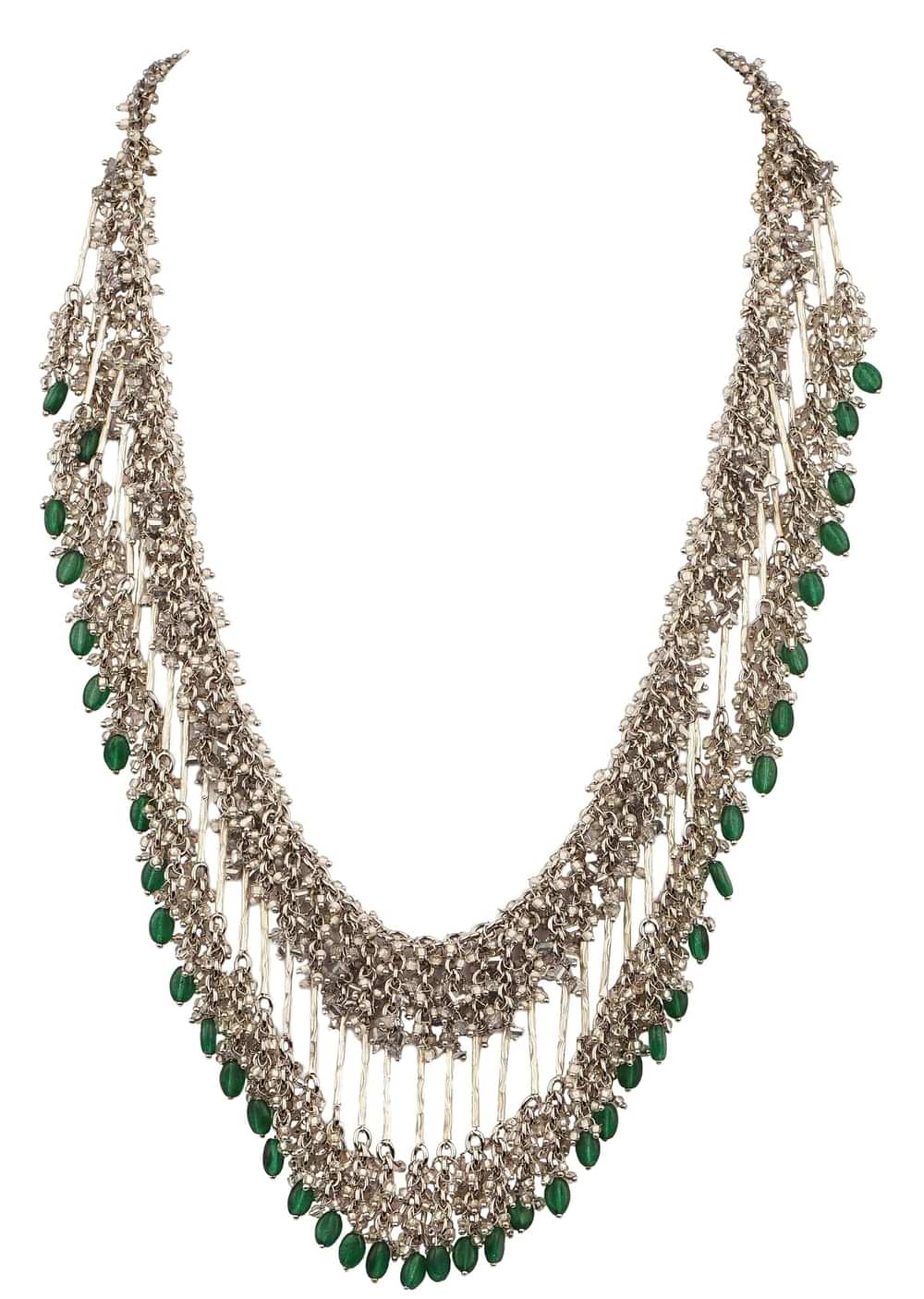 Green And Silver Handcrafted Necklace Set In Mix Metal