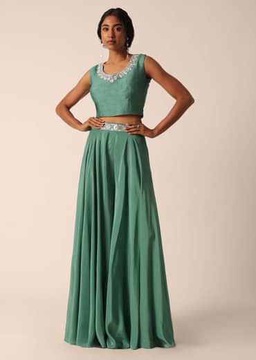 Green Art Silk Palazzo Set With Mirror Work