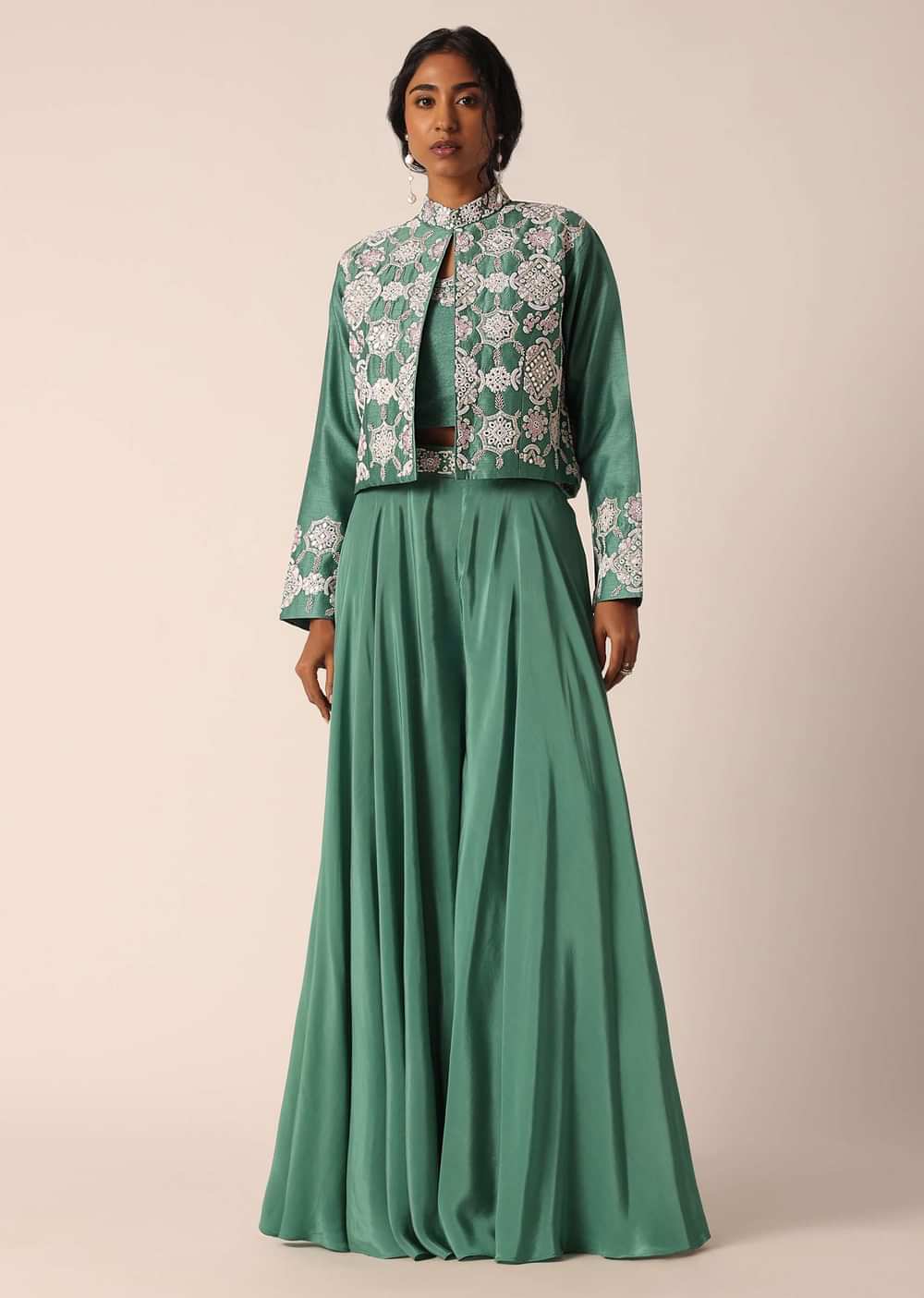 Green Art Silk Palazzo Set With Mirror Work