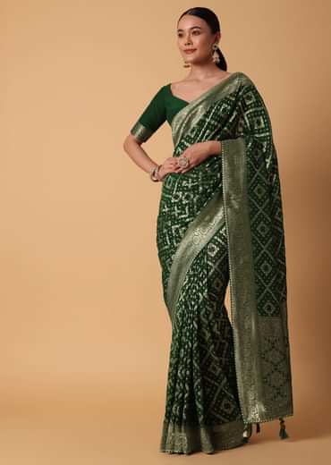 Green Banarasi Georgette Saree With Zari Bandhani Weave And Unstitched Blouse Piece