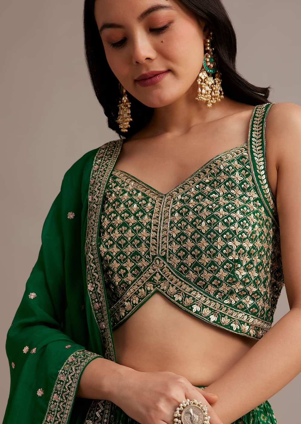 Green Bandhani Lehenga Set With Zari Butti And Sequins Work