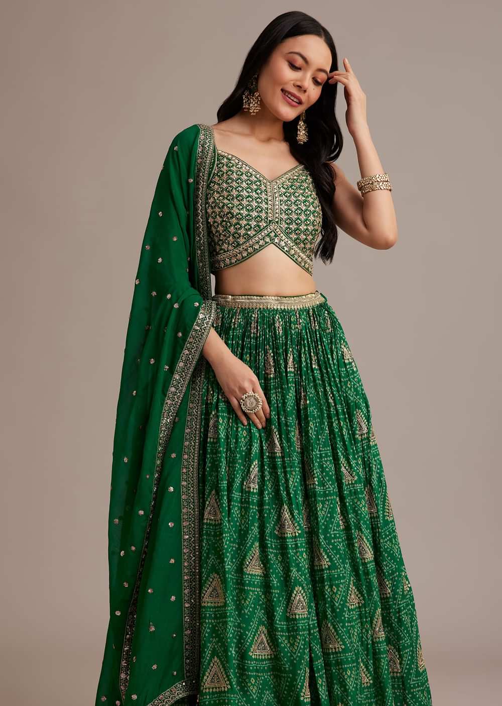 Green Bandhani Lehenga Set With Zari Butti And Sequins Work