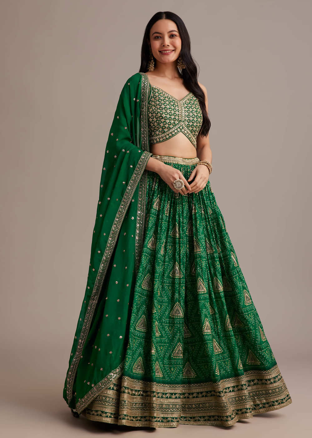 Green Bandhani Lehenga Set With Zari Butti And Sequins Work