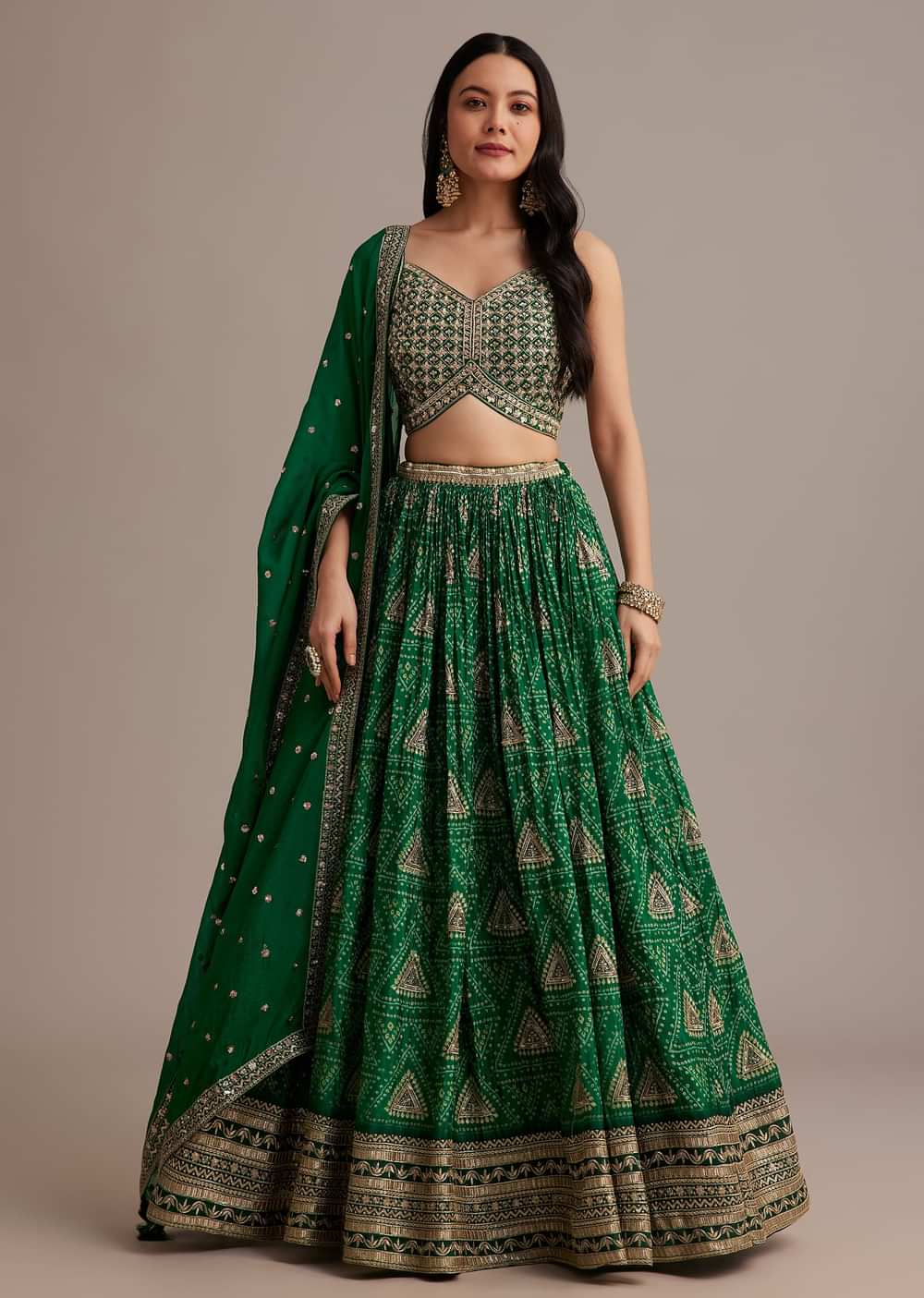 Green Bandhani Lehenga Set With Zari Butti And Sequins Work