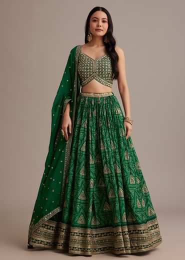 Green Bandhani Lehenga Set With Zari Butti And Sequins Work