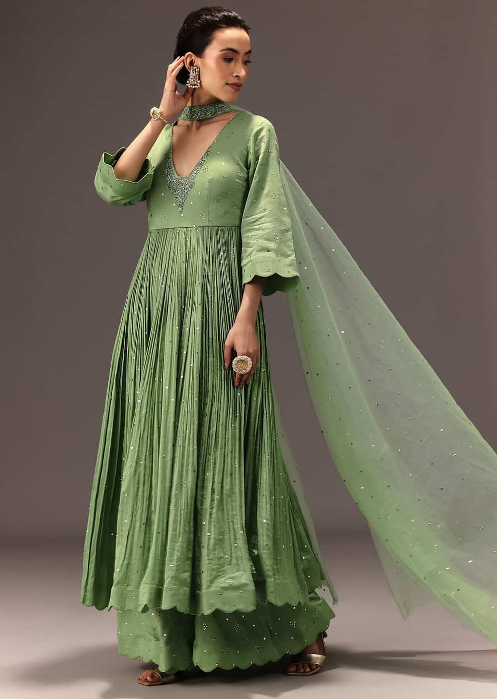 Green Chanderi Silk Hand Work Kurta Set