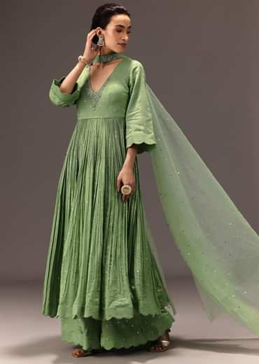 Green Chanderi Silk Hand Work Kurta Set