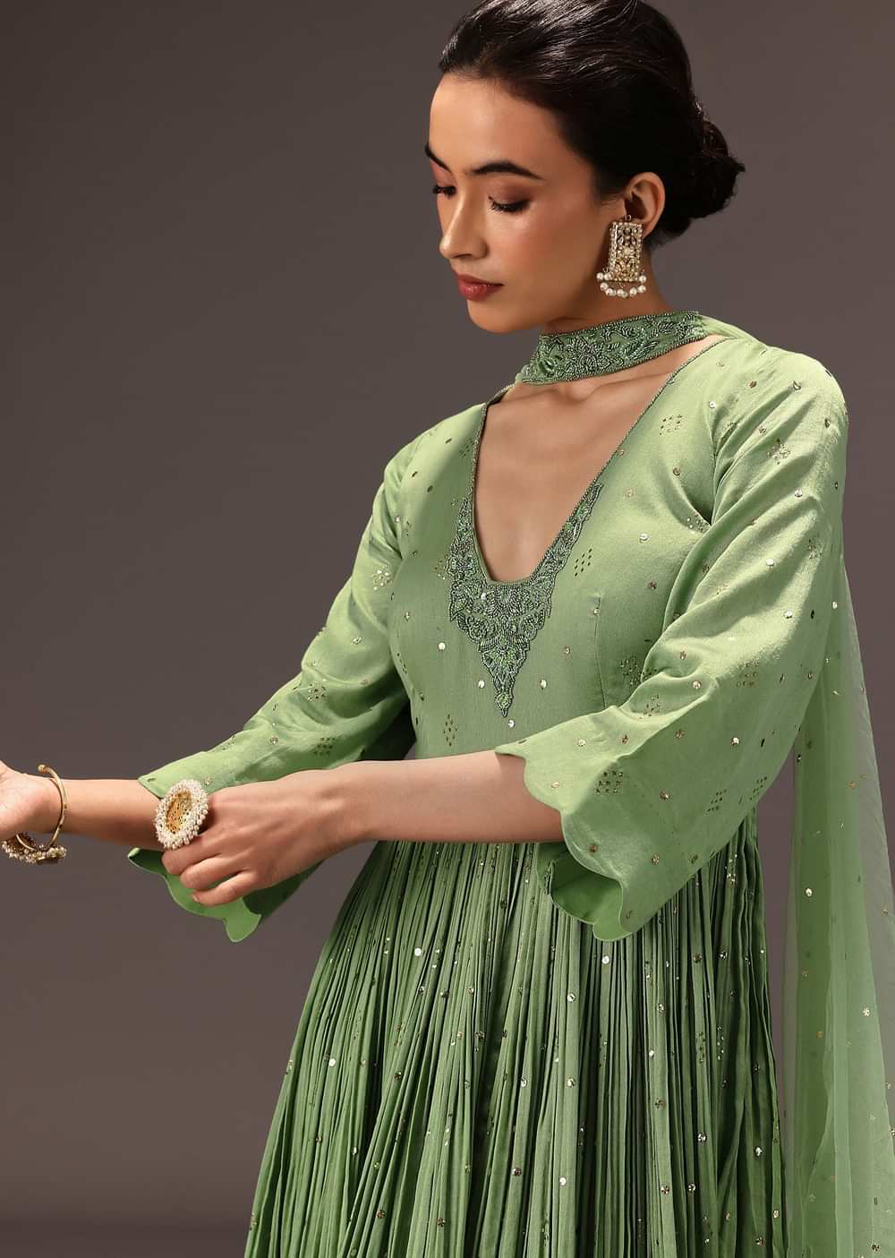 Green Chanderi Silk Hand Work Kurta Set