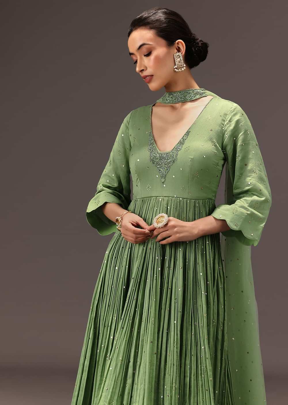 Green Chanderi Silk Hand Work Kurta Set