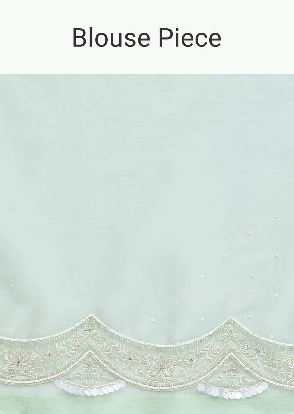 Sea Green Chikankari Saree In Organza Silk With Sequin Scallop Border And Unstitched Blouse Fabric