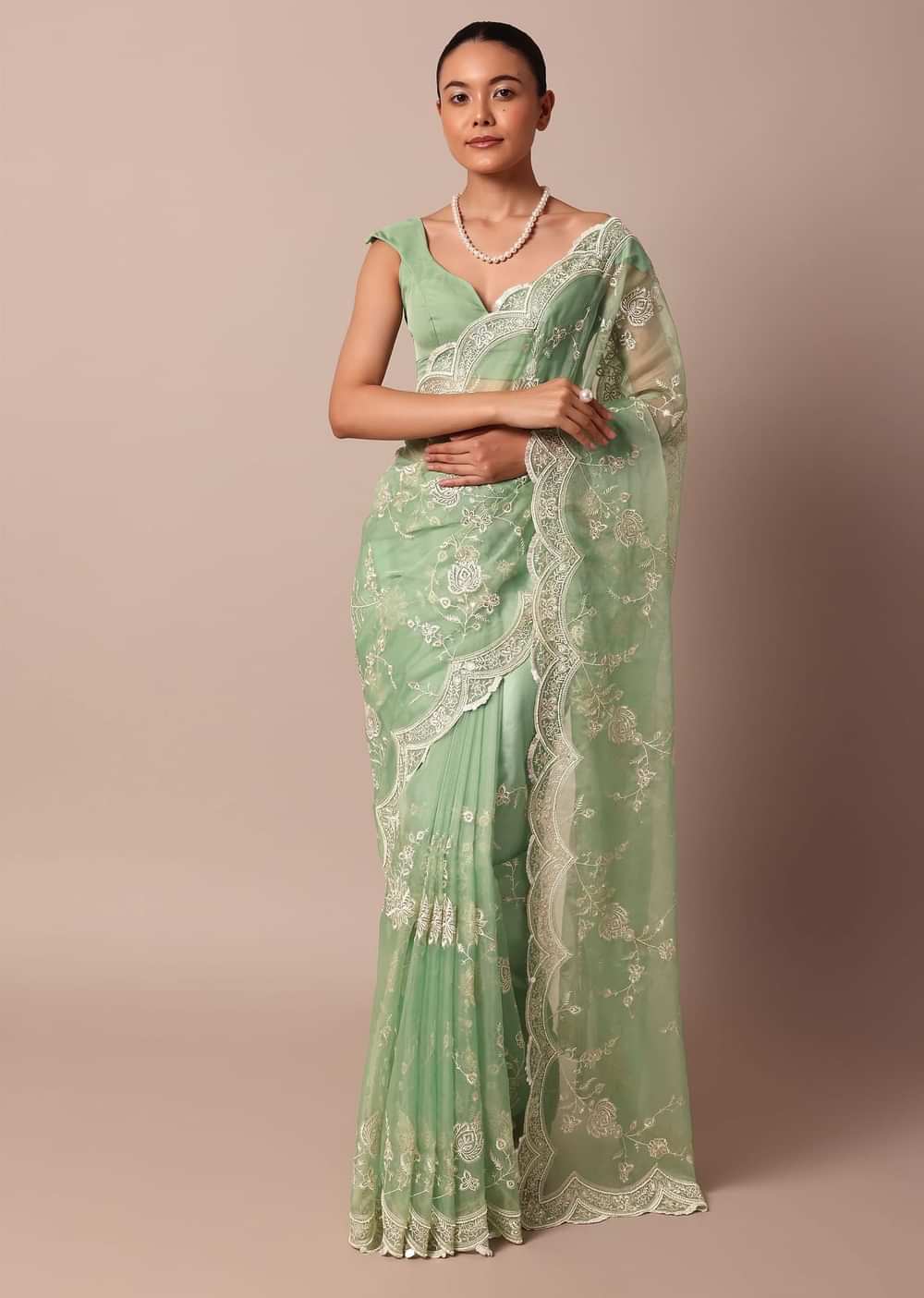 Sea Green Chikankari Saree In Organza Silk With Sequin Scallop Border And Unstitched Blouse Fabric