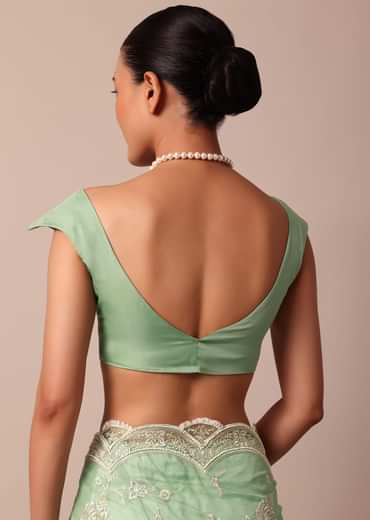 Sea Green Chikankari Saree In Organza Silk With Sequin Scallop Border And Unstitched Blouse Fabric