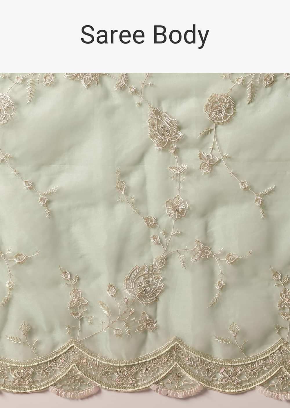 Sea Green Chikankari Saree In Organza Silk With Sequin Scallop Border And Unstitched Blouse Fabric