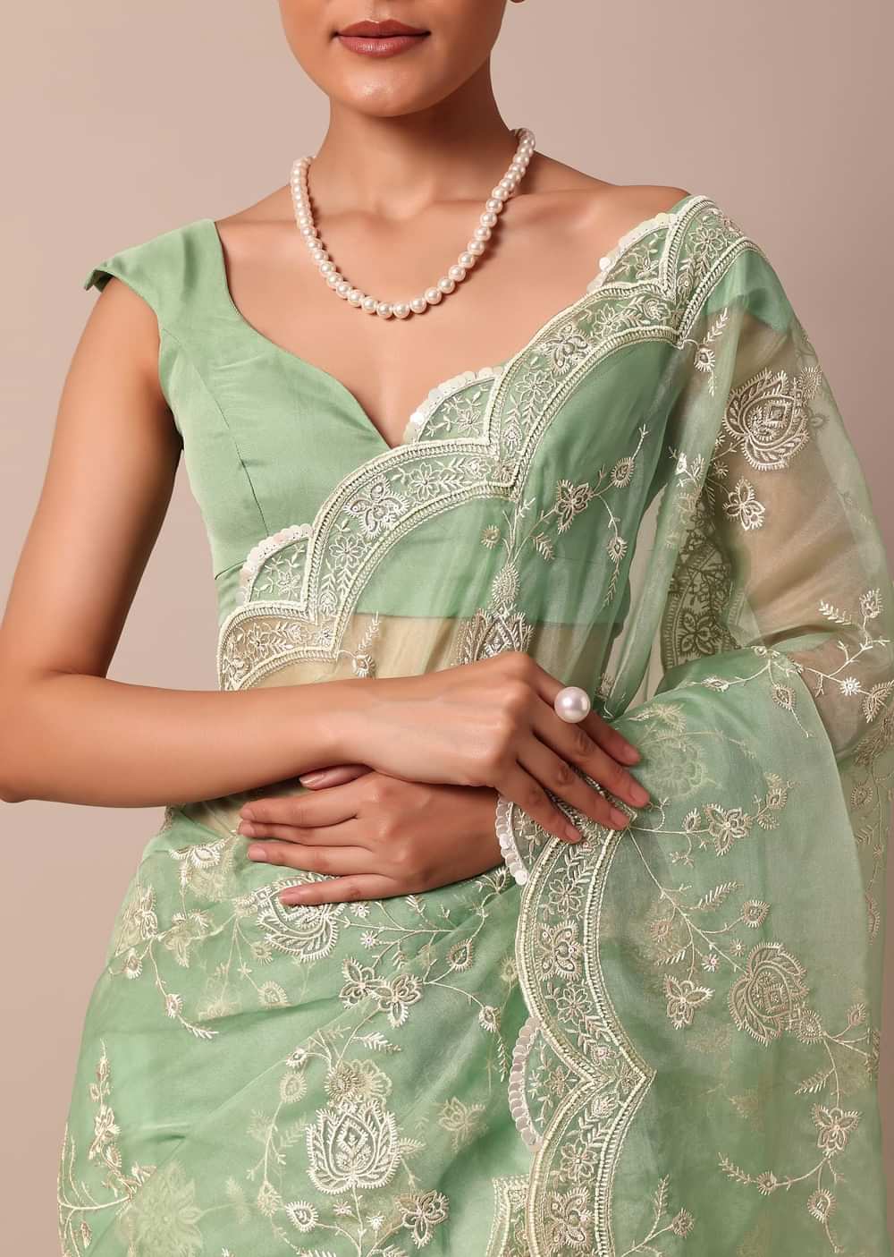 Sea Green Chikankari Saree In Organza Silk With Sequin Scallop Border And Unstitched Blouse Fabric