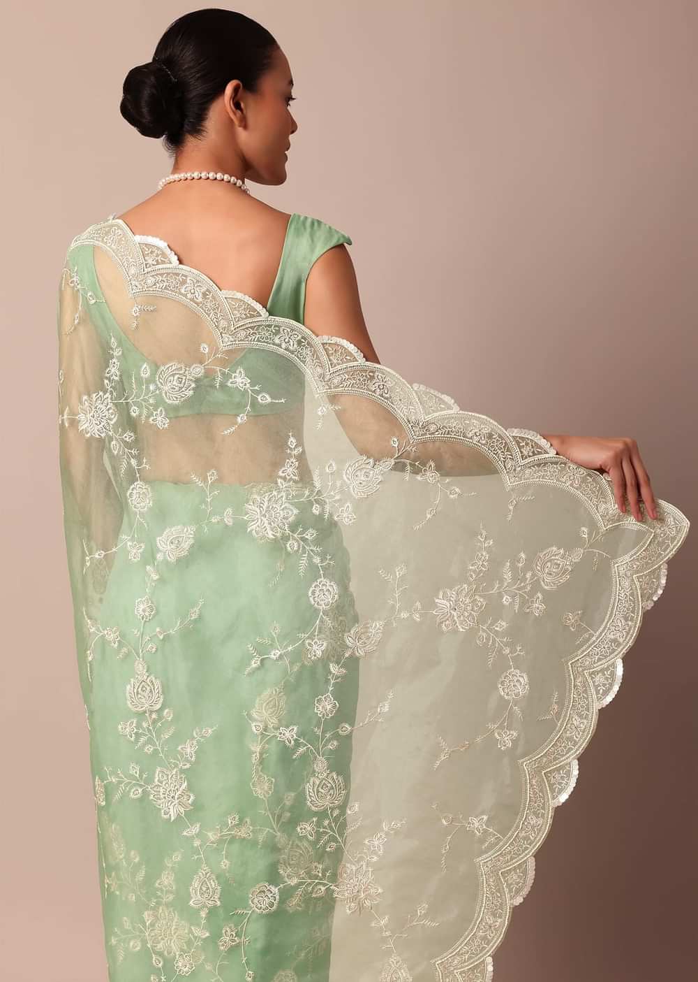 Sea Green Chikankari Saree In Organza Silk With Sequin Scallop Border And Unstitched Blouse Fabric