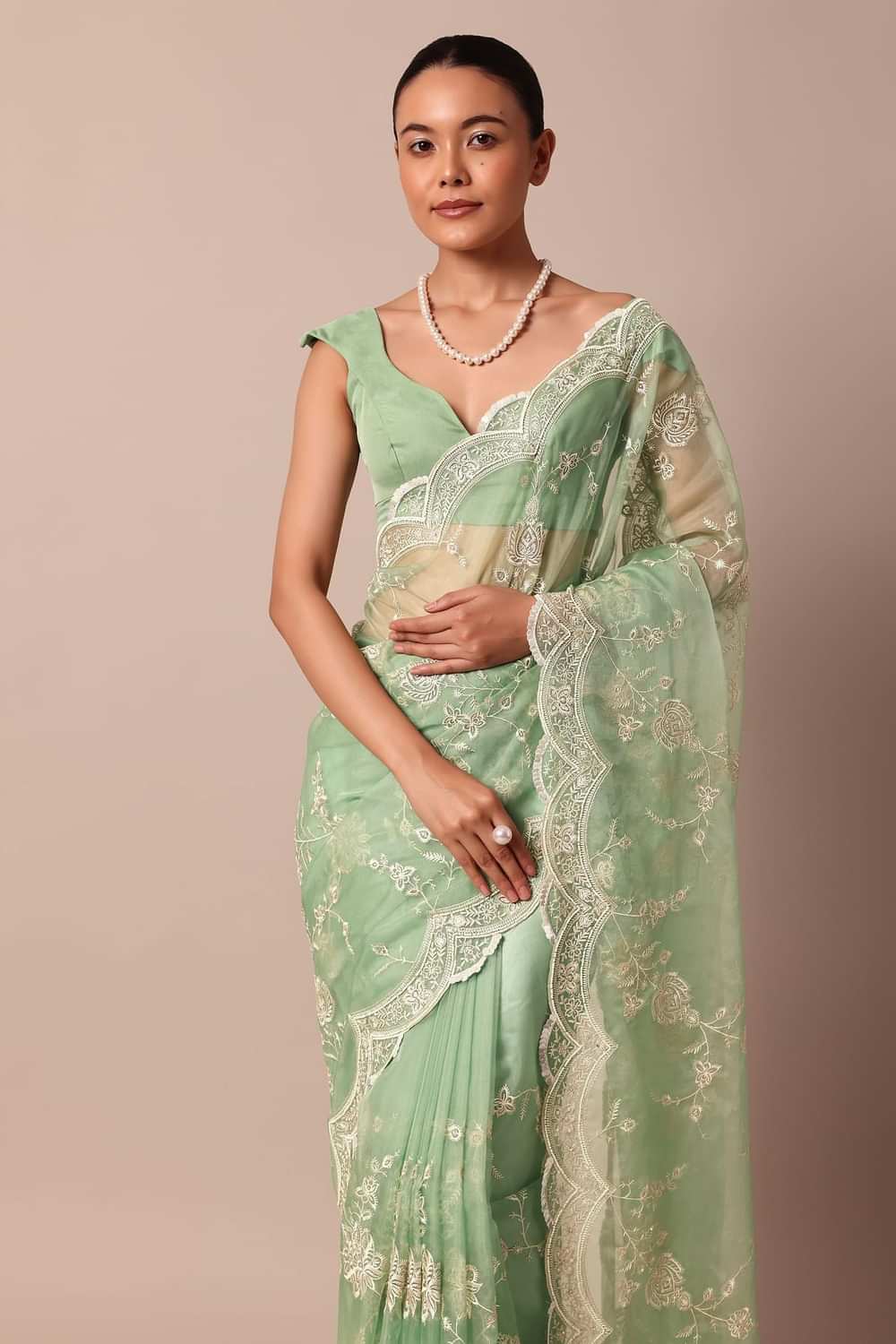 Sea Green Chikankari Saree In Organza Silk With Sequin Scallop Border And Unstitched Blouse Fabric