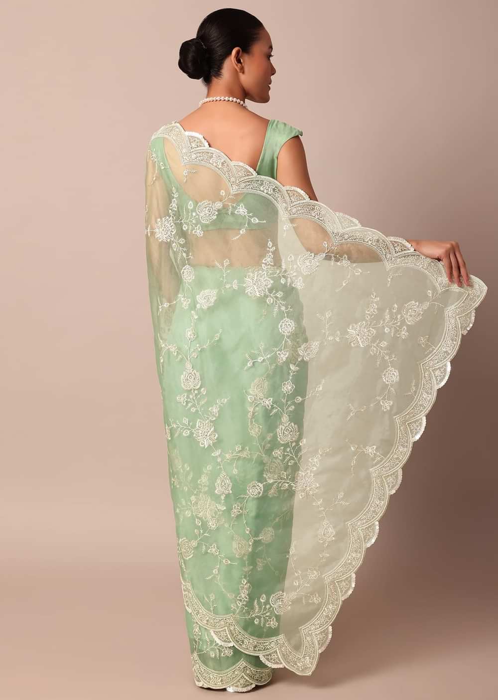 Sea Green Chikankari Saree In Organza Silk With Sequin Scallop Border And Unstitched Blouse Fabric