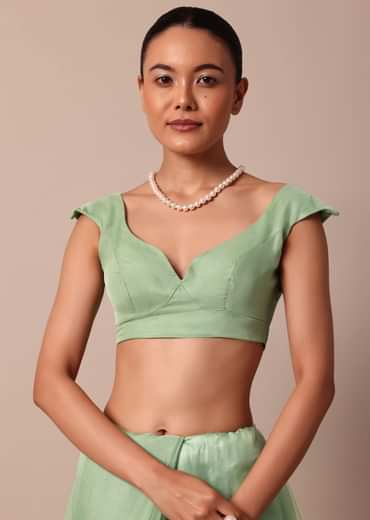 Sea Green Chikankari Saree In Organza Silk With Sequin Scallop Border And Unstitched Blouse Fabric