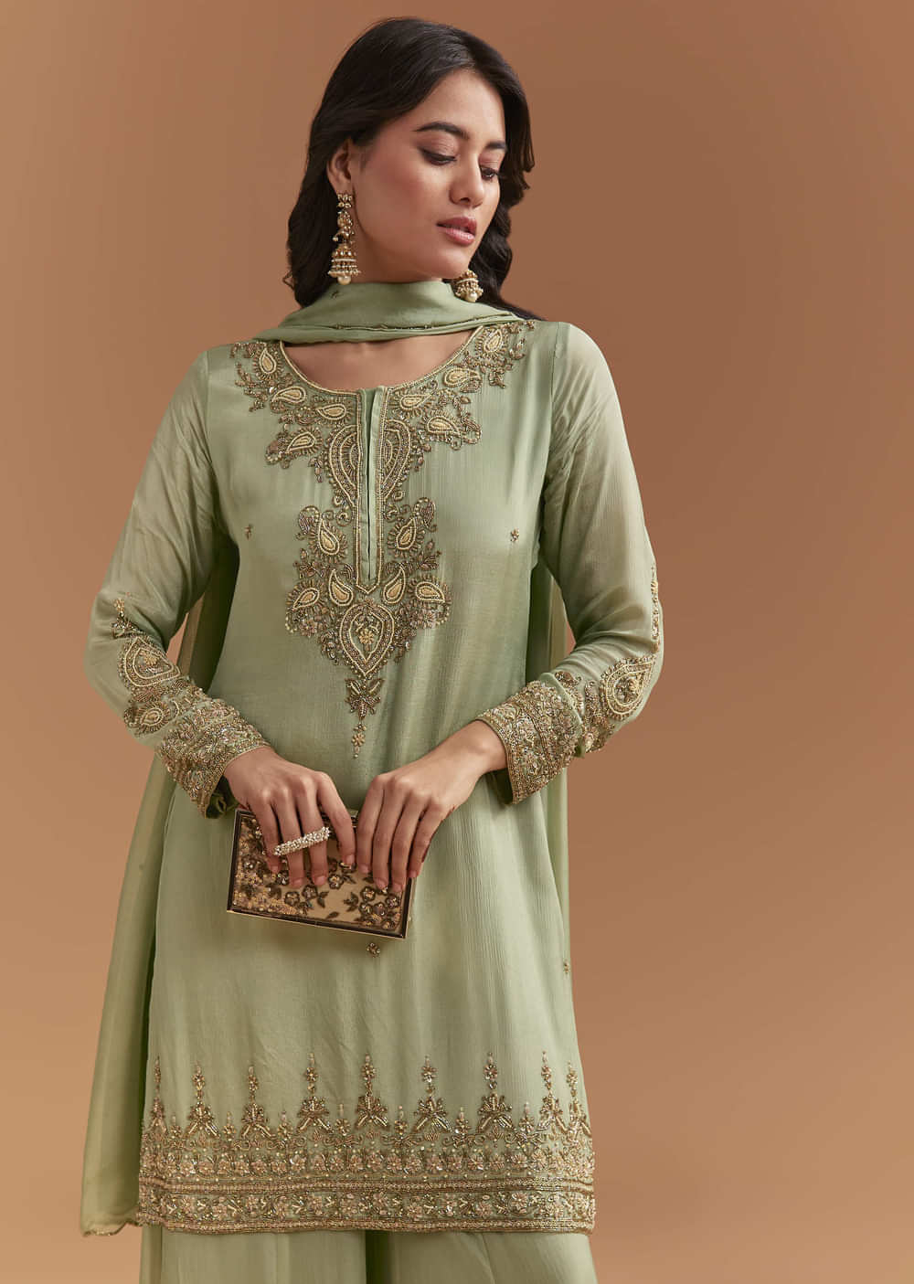 Green Chinon Palazzo Suit With Moti And Cutdana Embroidery