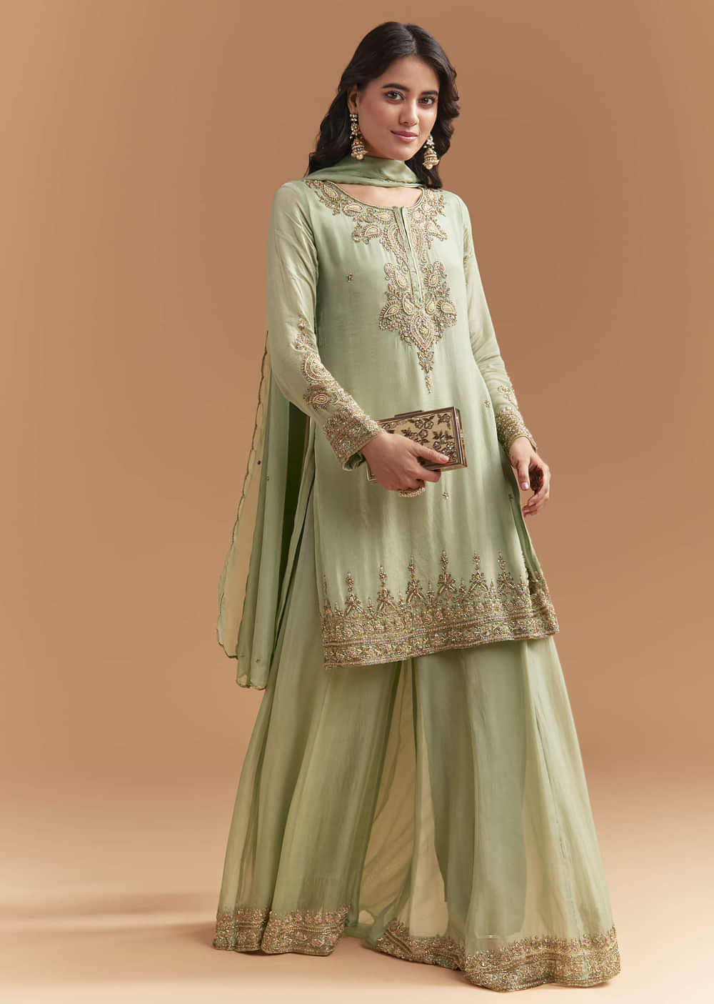 Green Chinon Palazzo Suit With Moti And Cutdana Embroidery