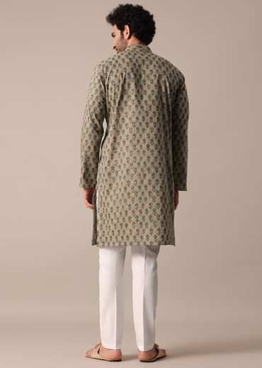 Mens Green Cotton Jaipur Print Kurta Set