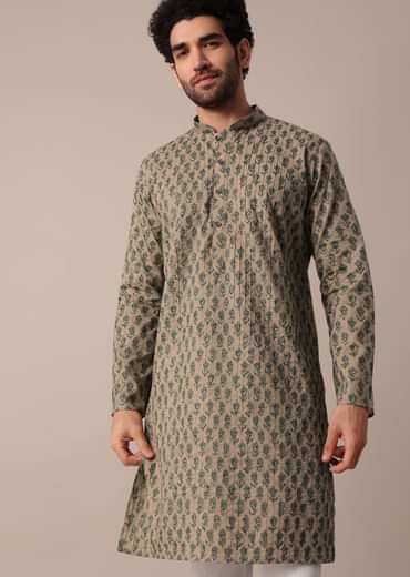 Mens Green Cotton Jaipur Print Kurta Set