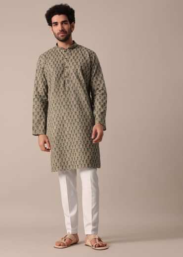 Mens Green Cotton Jaipur Print Kurta Set
