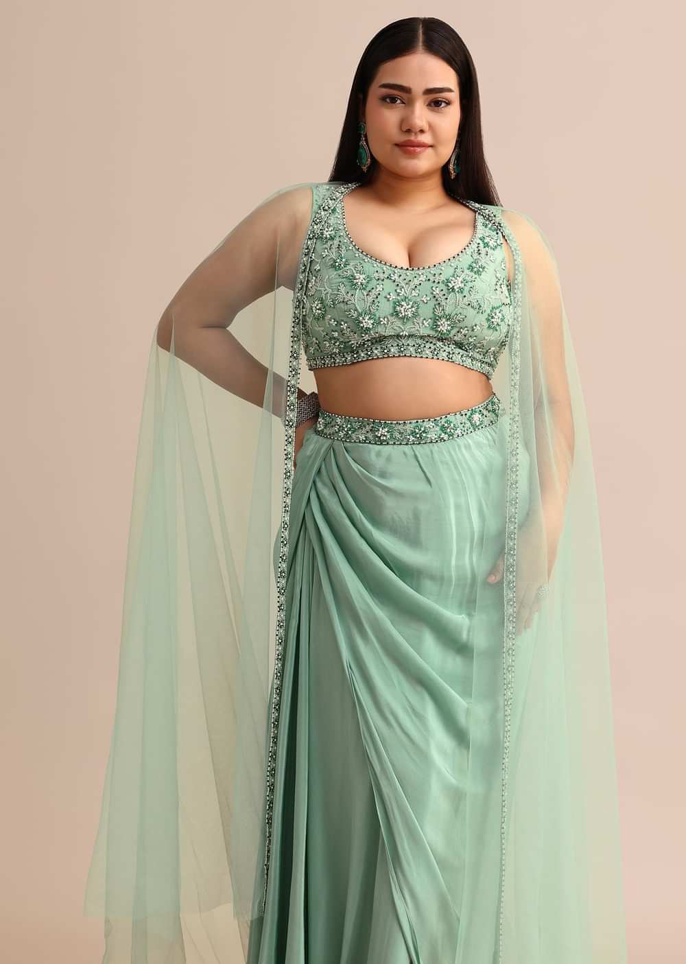 Light Aqua Draped Skirt With Net Cape