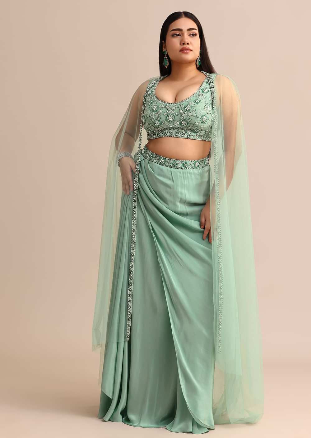 Light Aqua Draped Skirt With Net Cape