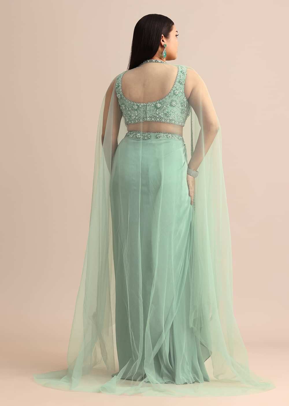 Light Aqua Draped Skirt With Net Cape