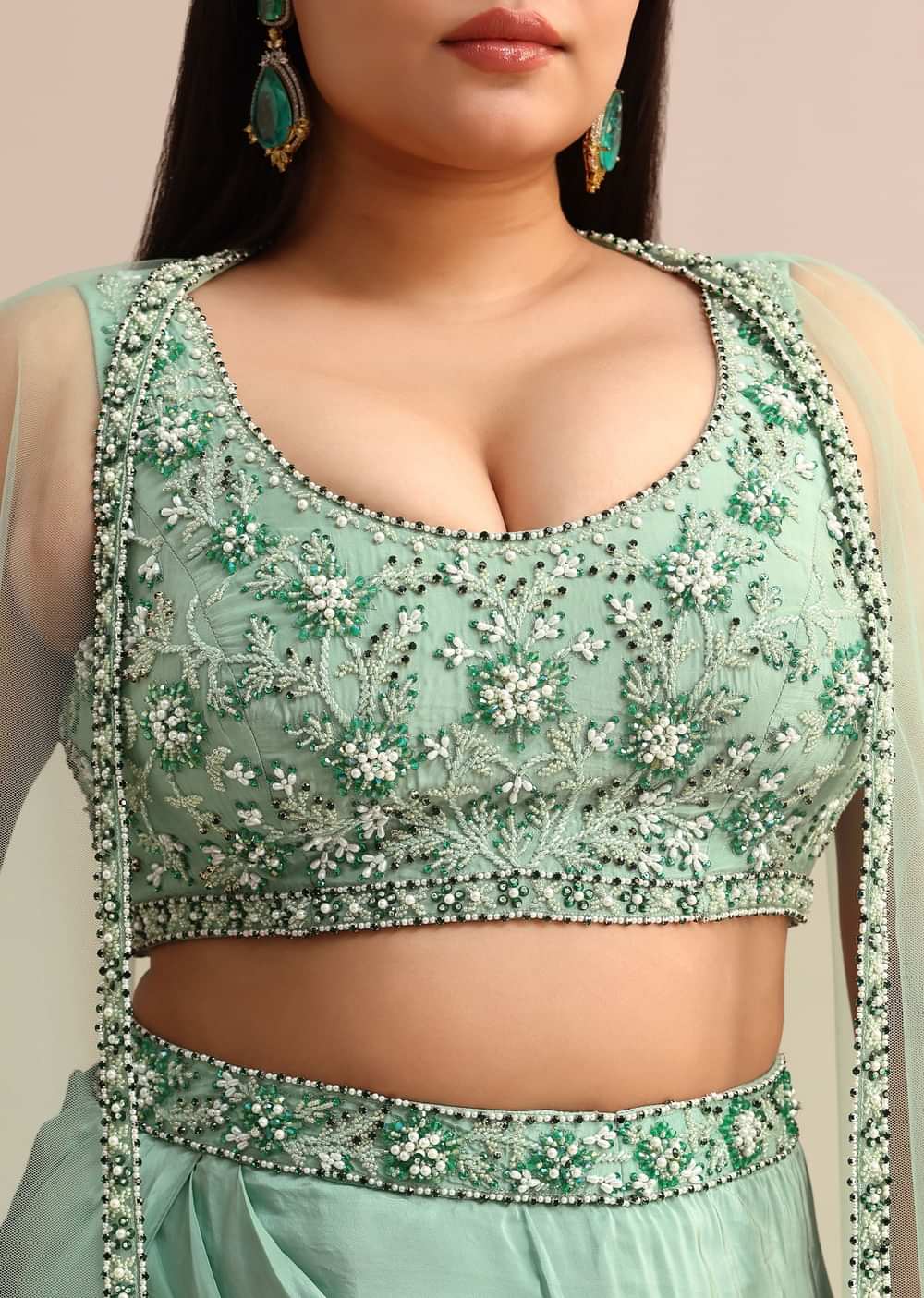 Light Aqua Draped Skirt With Net Cape