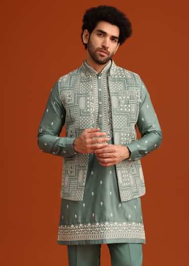 Green Embroidered Jacket Kurta Set In Linen Satin