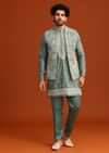 Green Embroidered Jacket Kurta Set In Linen Satin