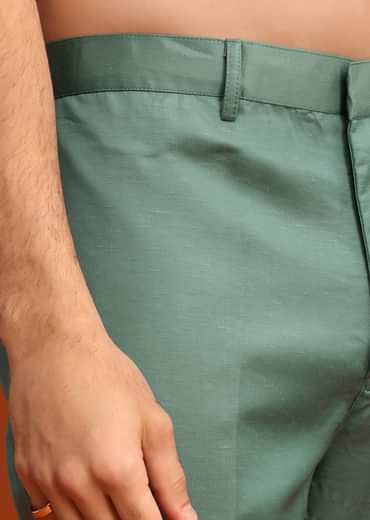 Green Embroidered Jacket Kurta Set In Linen Satin