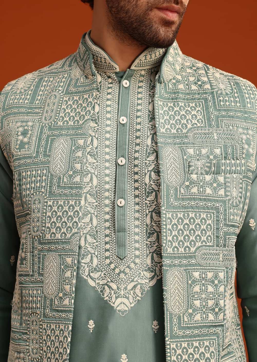 Green Embroidered Jacket Kurta Set In Linen Satin
