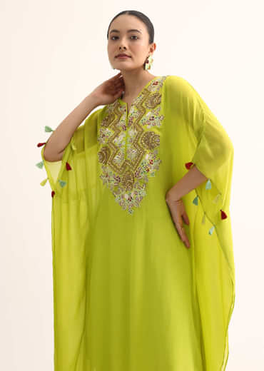Green Embroidered Kaftan Kurta Set